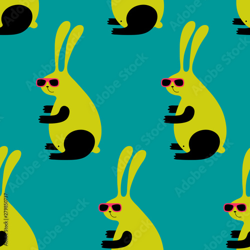 Cute cartoon hipster rabbit pattern with rabbit in sunglasses. Funny vector colorful hipster rabbit pattern. Seamless cheerful hipster rabbit pattern for textile, wallpapers, wrap, cards and web.