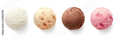 Set of four various ice cream balls or scoops