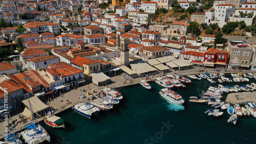 Aerial drone photo of picturesque port and main village of Hydra or Ydra island with beautiful neoclassic houses, Saronic gulf, Greece photo