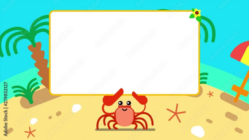 Walk cycle 2D animation. Smiling cute red crab walking on beach and looking at camera holding a white blank board or placard with copy space for advertisement or text. Made in 4K, loopable clip Walk cycle 2D animation. Smiling cute red crab walking on beach and looking at camera holding a white blank board or placard with copy space for advertisement or text. Made in 4K, loopable clip