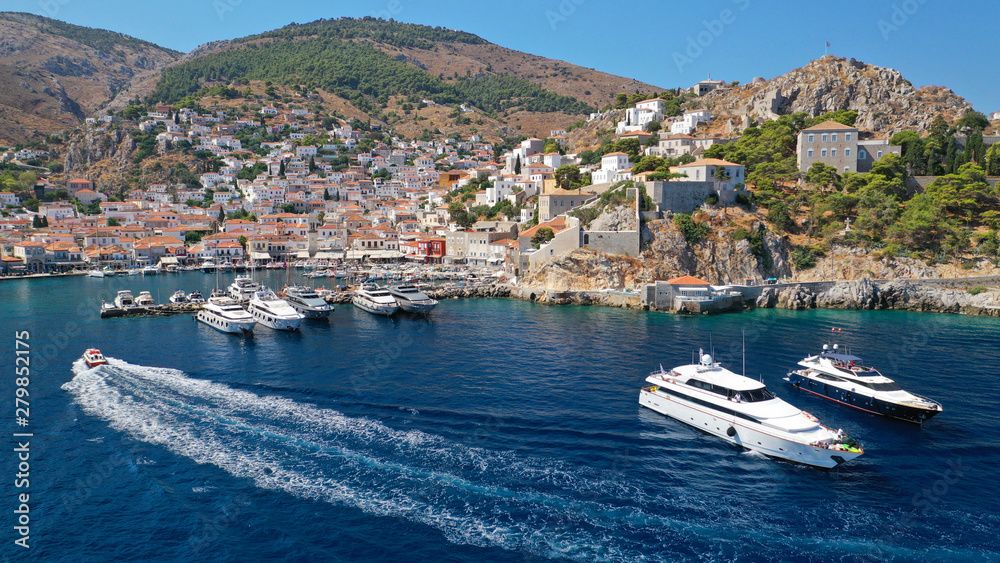 Fototapeta premium Aerial drone photo of picturesque port and main village of Hydra or Ydra island with beautiful neoclassic houses, Saronic gulf, Greece