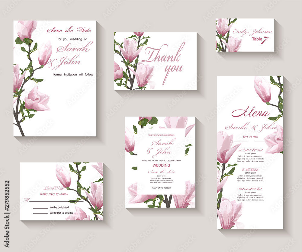Wedding invitation with twig blooming Magnolia. Magnolia flowers, watercolor, isolated on white.  Vector Watercolour.