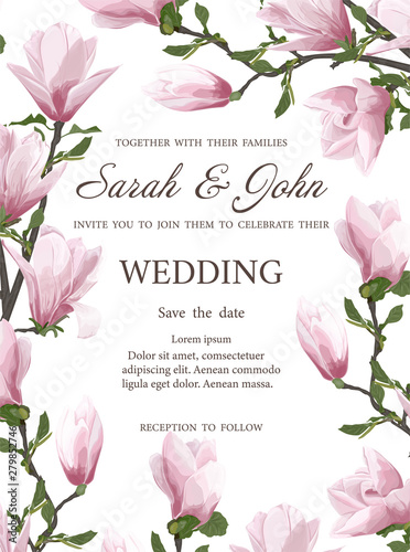 Wedding invitation with twig blooming Magnolia. Magnolia flowers, watercolor, isolated on white.  Vector Watercolour.