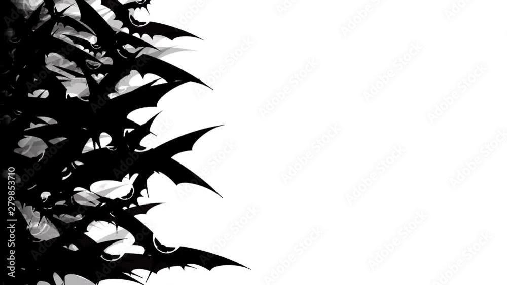 Flock of bats in black ink from the center, bottom to top, left to right direction movement. Halloween matte transitions. You can use them as luma matte, transitions between video in the overlay mode.