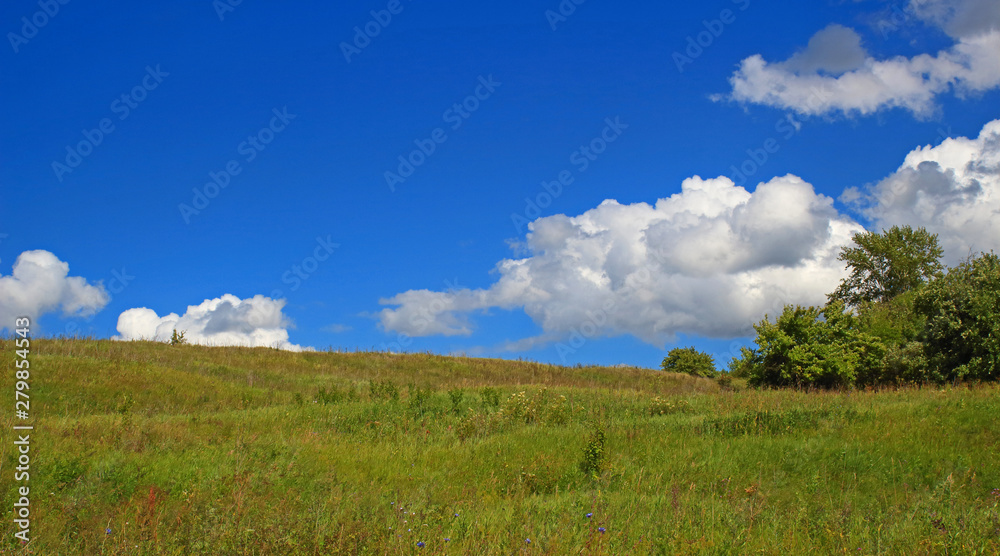 Green grass field landscape with fantastic cumulus clouds in the background. Summer meadow on bright sunny day Green grass field landscape with fantastic cumulus clouds in the background. Summer meadow on bright sunny day