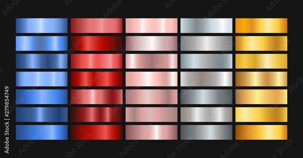 Gold silver bronze texture gradient background. Golden metal rose foil copper brass gradation collection for shiny chrome border, frame, ribbon, label design