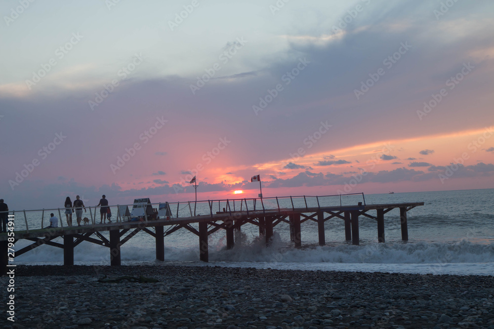 Exotic Paradise, sunset. Tourism and Vacations Concept. Resort. black sea Pier on the beach Batumi