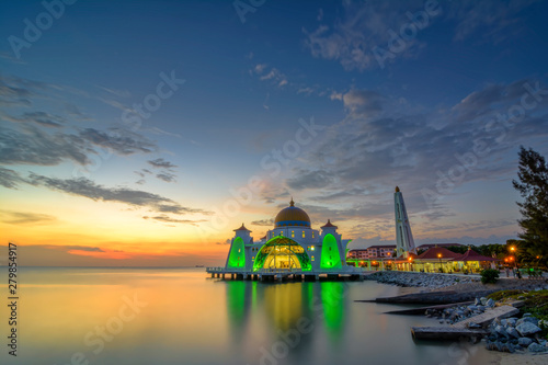 Beautiful sunset of Malacca Straits Mosque, Malaysia. Nature composition.