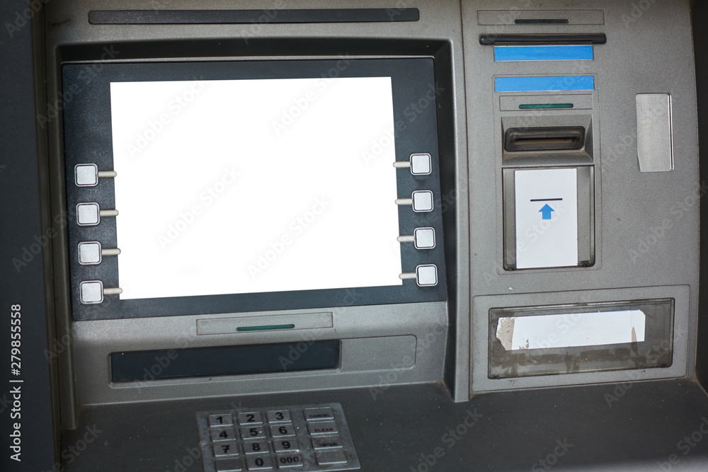Street ATM teller machine with current operation. Blank screen for mockup