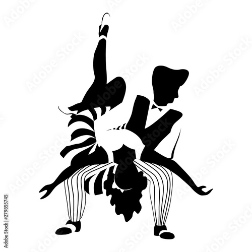 Swing dance couple silhouette in black and white colors. 1940s and 1950s style. Woman in skirt with stripes and man with bow tie doing an acrobatic feats. Flat vector illustration.