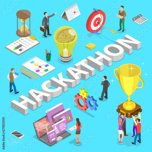 Isometric flat vector concept of hackathon, hack marathon coding event.