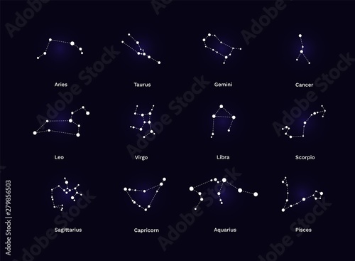 Zodiac constellation vector set. Aries taurus gemini cancer leo virgo libra scorpio pisces zodiacal mystic astrology elements, horoscope signs isolated on dark background