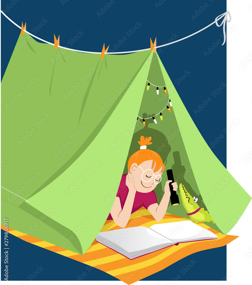 Little girl reading with a flashlight in a blanket fort, shadow shows
