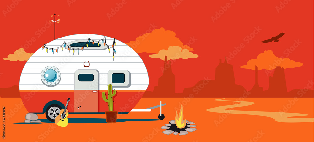 A camper trailer in a Western American desert landscape, EPS 8 vector illustration