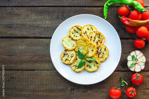 grilled zucchini (snack or salad). top food background. copy space