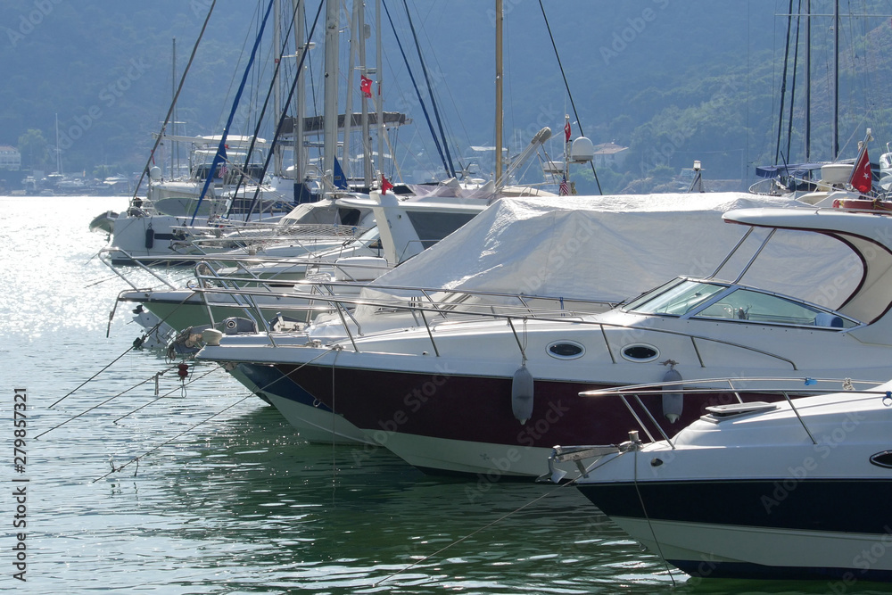 Yachts berth in Fethiye Marina, Mugla, Turkey.