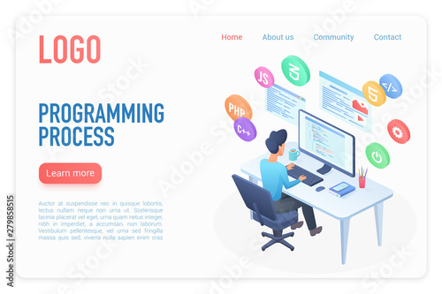 Programming process landing page isometric vector template. Software development 3d concept. Coder, programmer courses. Digital technology. Computer science, IT industry website homepage layout