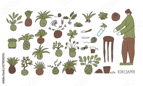 Kokedama set. Doodle vector asian plant collection