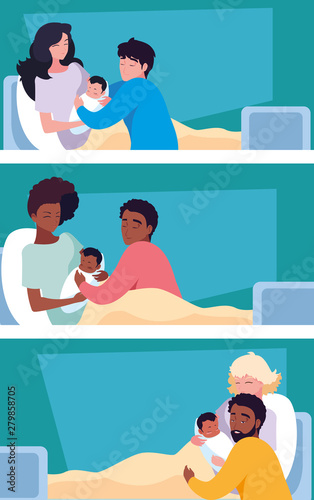 group of mothers with newborn in stretcher