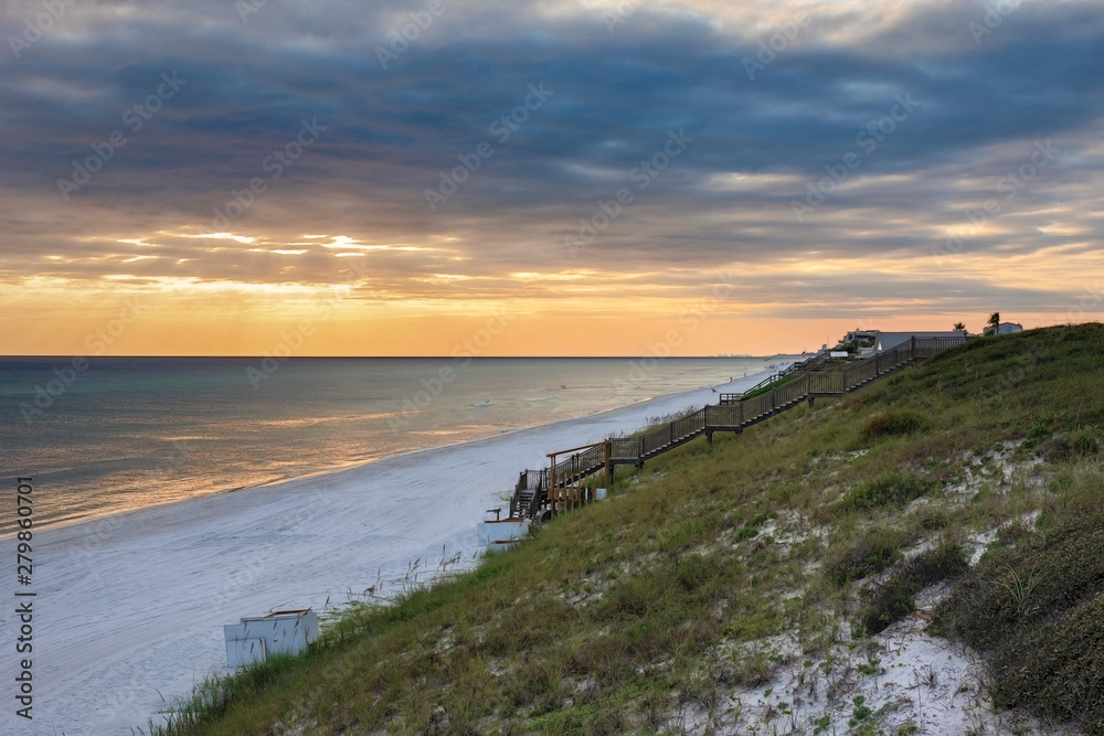 Beautiful sunset along the beaches of scenic hwy 30a in South Walton County, Florida, USA. Near Seaside, Rosemary beach, Alys beach.