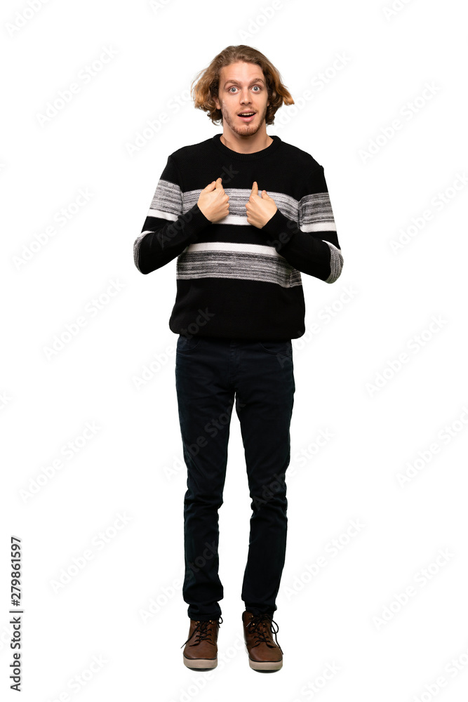 Full-length shot of Blonde man with surprise facial expression over isolated white background Full-length shot of Blonde man with surprise facial expression over isolated white background