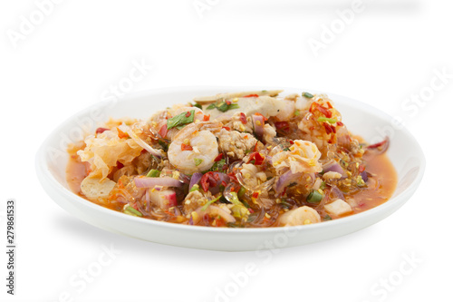 Spicy mixed seafood or Mixed seafood salad isolated on white background. Clipping path.
