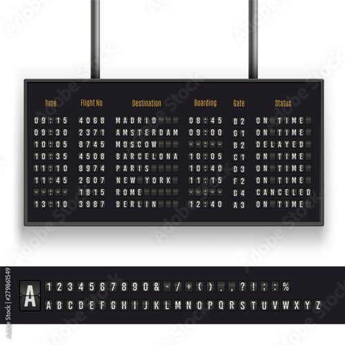 Airport board set, font for international business vacation