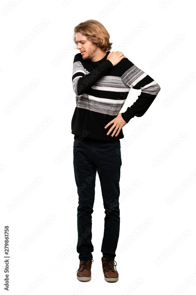 Full-length shot of Blonde man suffering from pain in shoulder for having made an effort over isolated white background Full-length shot of Blonde man suffering from pain in shoulder for having made an effort over isolated white background