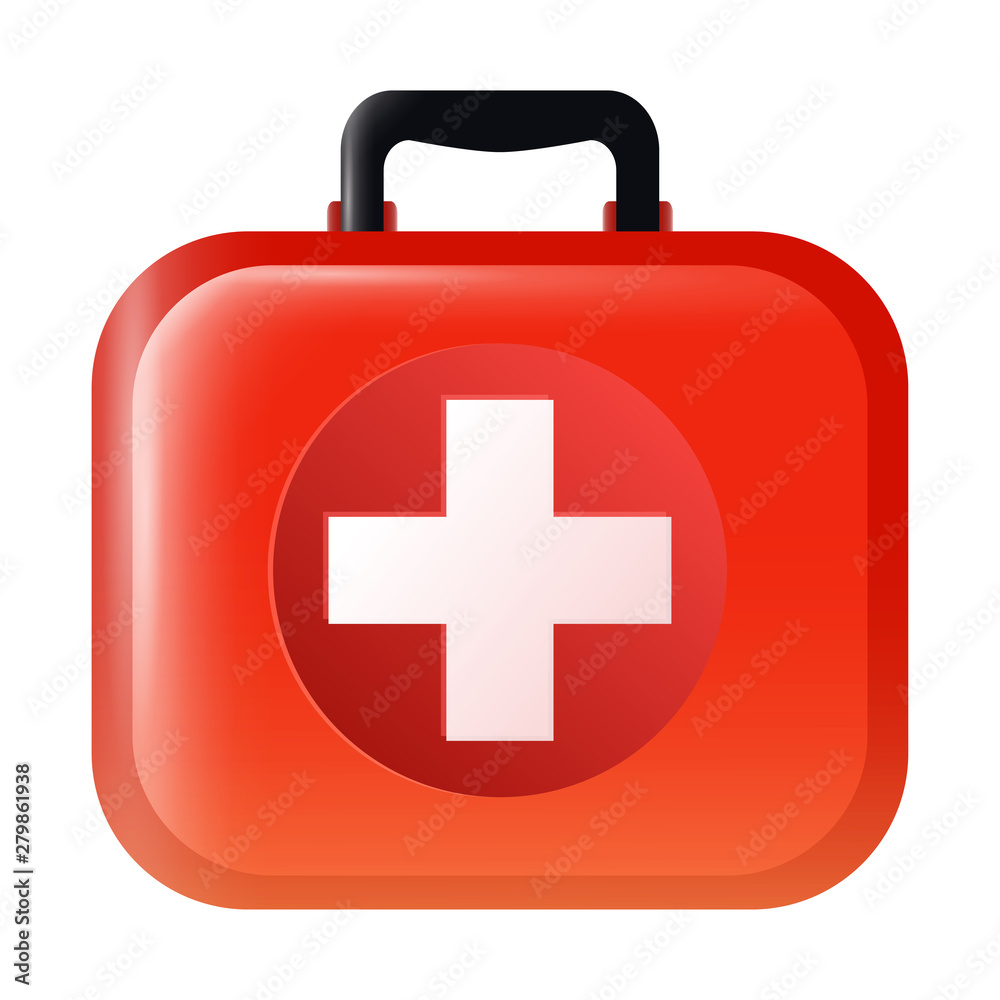 Realistic red first-aid kit with white cross Realistic red first-aid kit with white cross