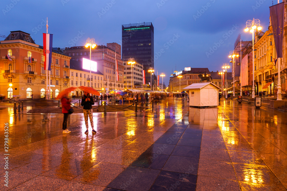 Ban Jelacic Square on a rainy evening