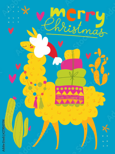 Vector Merry Christmas card with cute lama