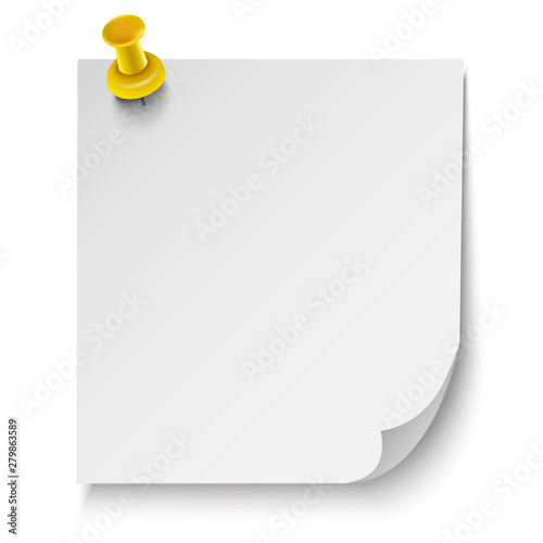 Realistic white sheet with a clerical yellow button and shadow