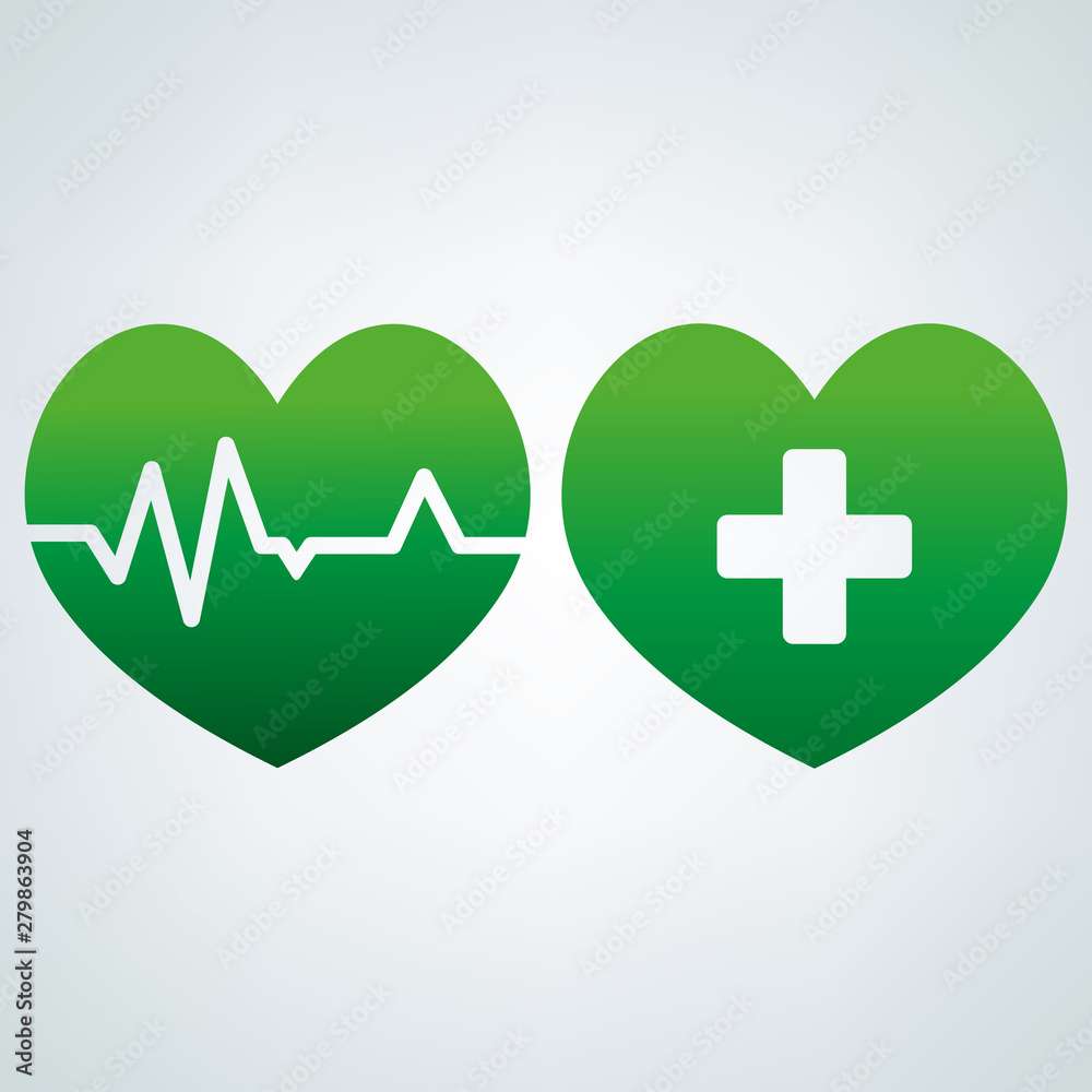 Two green hearts of health: a cardiogram of the heart and a cross on the heart Two green hearts of health: a cardiogram of the heart and a cross on the heart