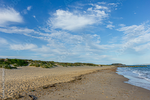 A view of a sandy beach along dunes with green vegetation, choppy blue water sea and hill in the background under a majestic blue sky and white clouds photo