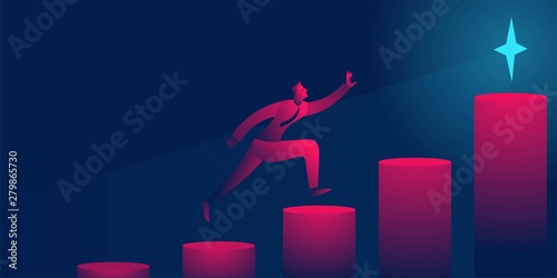 man running up stairs to the goal, star, trophy. success, achievement, challenge business concept vector illustration in red and blue neon gradients