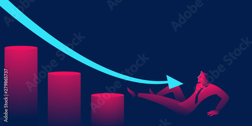 man falling down the stairs. bankruptcy or career failure concept vector illustration in red and blue neon gradients photo