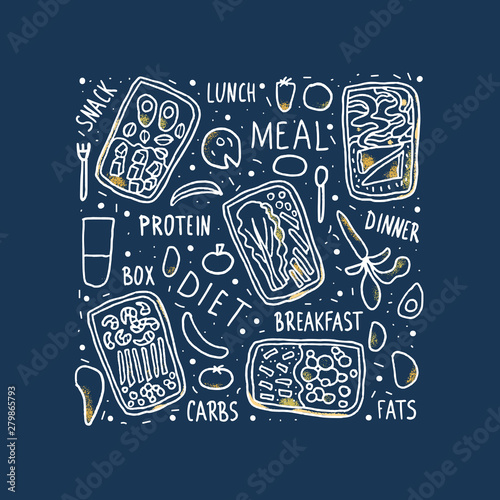 Health food vector set. Lunch boxes with meal.