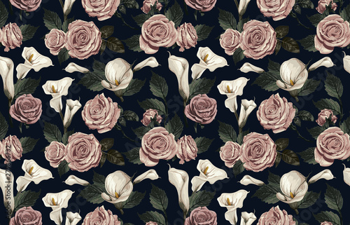 Elegant pattern of blush toned rustic flowers isolated in a solid background great for textile print, background, handmade card design, invitations, wallpaper, packaging, interior or fashion designs.