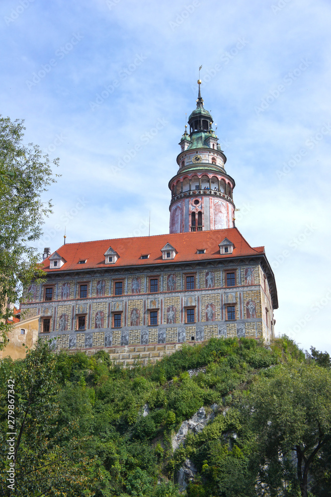 Castle with the famous round tower in Cesky Krumlov, Czech Republic.  UNESCO World Heritage Site