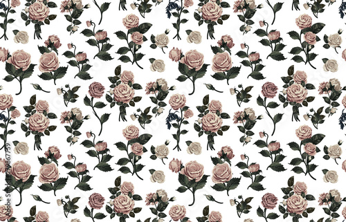 Fototapeta Naklejka Na Ścianę i Meble -  Elegant pattern of blush toned rustic flowers isolated in a solid background great for textile print, background, handmade card design, invitations, wallpaper, packaging, interior or fashion designs.