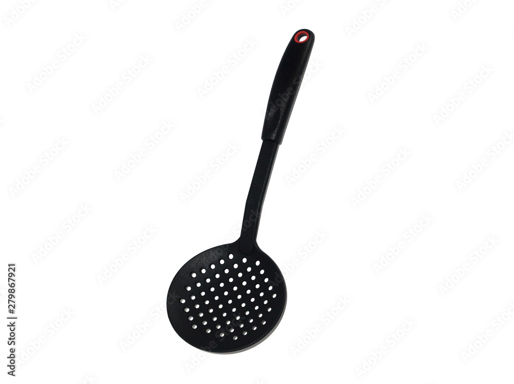 ladle, spatula and skimmer from food plastic in black on a white background, isolate, kitchen utensils ladle, spatula and skimmer from food plastic in black on a white background, isolate, kitchen utensils