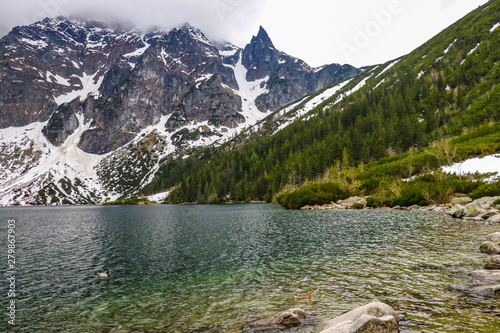 Morskie Oko lake view with Tatra mountains in the background.