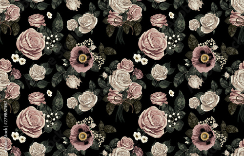 Elegant pattern of blush toned rustic flowers isolated in a solid background great for textile print, background, handmade card design, invitations, wallpaper, packaging, interior or fashion designs.