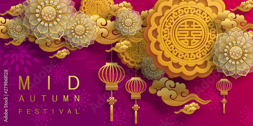 Mid Autumn festival or Moon festival with rabbit and moon, mooncake ,flower,chinese lanterns with gold paper cut style on color Background. 