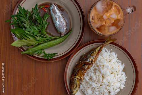nasi(rice) with budu (anchovies sauce) and ulam (herbs and vegetable) is the kelantan cuisine 