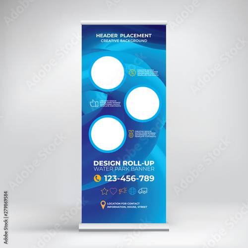 Banner for water Park, creative concept for presentations and advertising, template for posting photos and text. Modern blue background with sea waves
