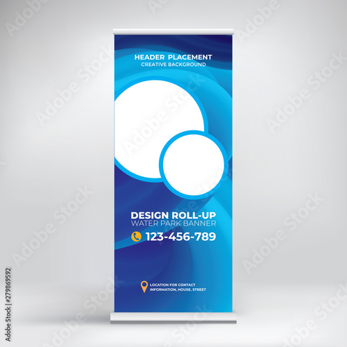 Banner for water Park, creative concept for presentations and advertising, template for posting photos and text. Modern blue background with sea waves
