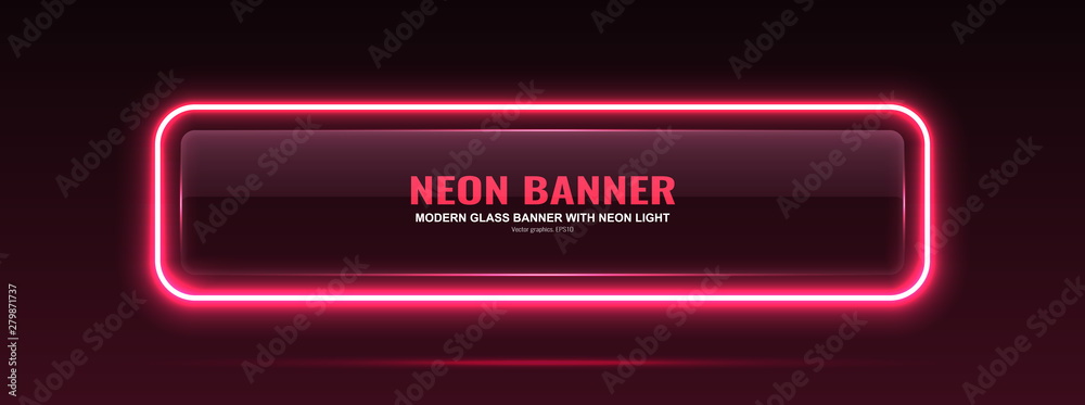Rectangular glass banner. Transparent billboard with neon lights. Vector illustration.