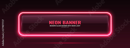 Rectangular glass banner. Transparent billboard with neon lights. Vector illustration.