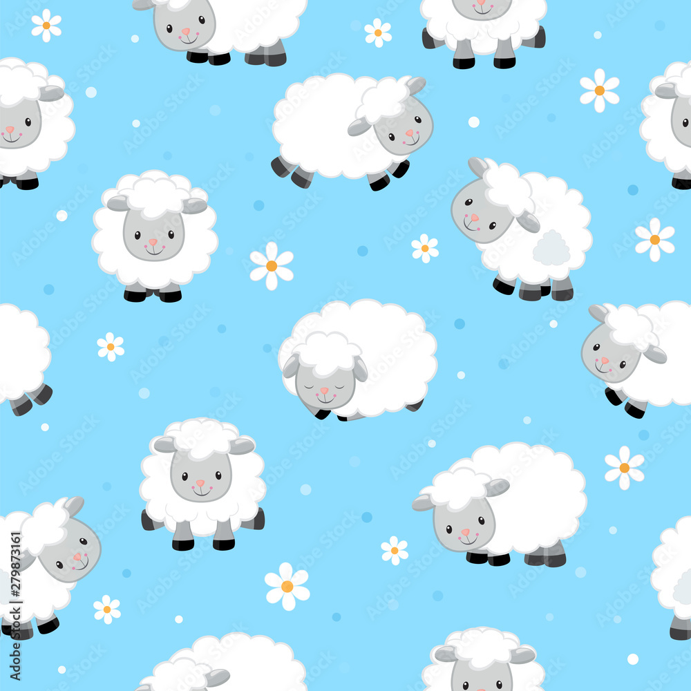 Fototapeta premium Cute sheep seamless pattern. Vector background for kids
